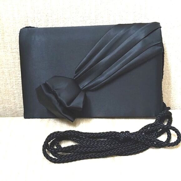 Black Satin Evening Shoulder Bag With Rhinestone Center Bow - Picture 1 of 10